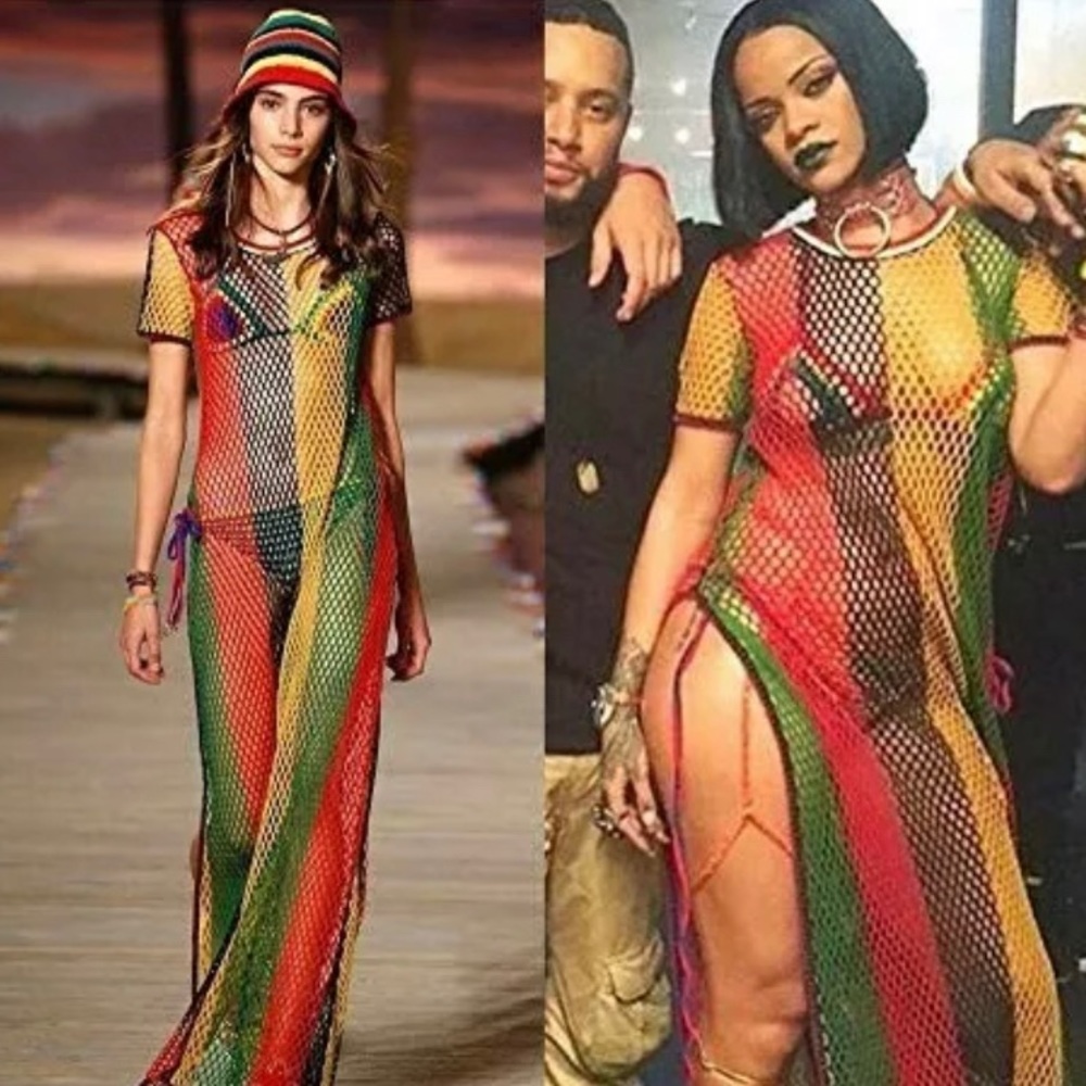 Rasta-Inspired Multicolor Fishnet Maxi Dress